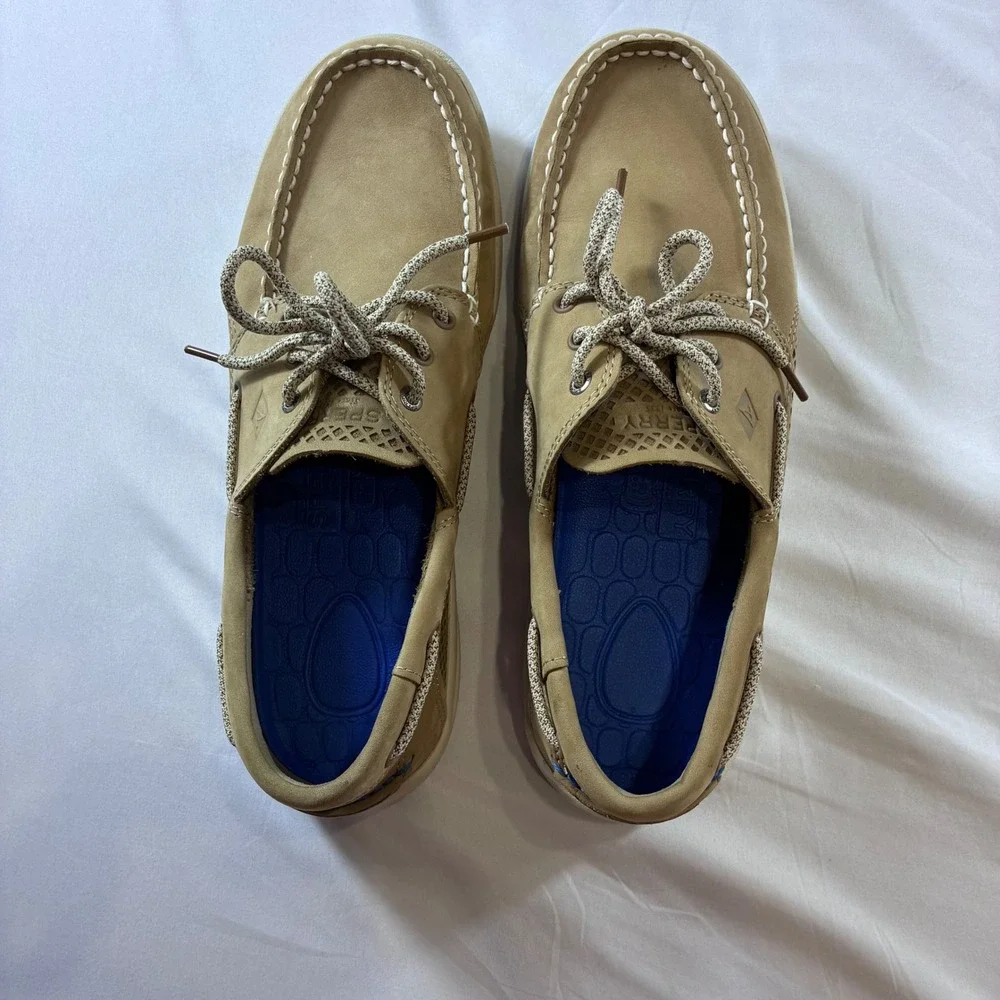 Sperry Top-Sider 7 Seas 3-Eye Tan Leather Mesh Boat Shoes Mens 10W STS14240